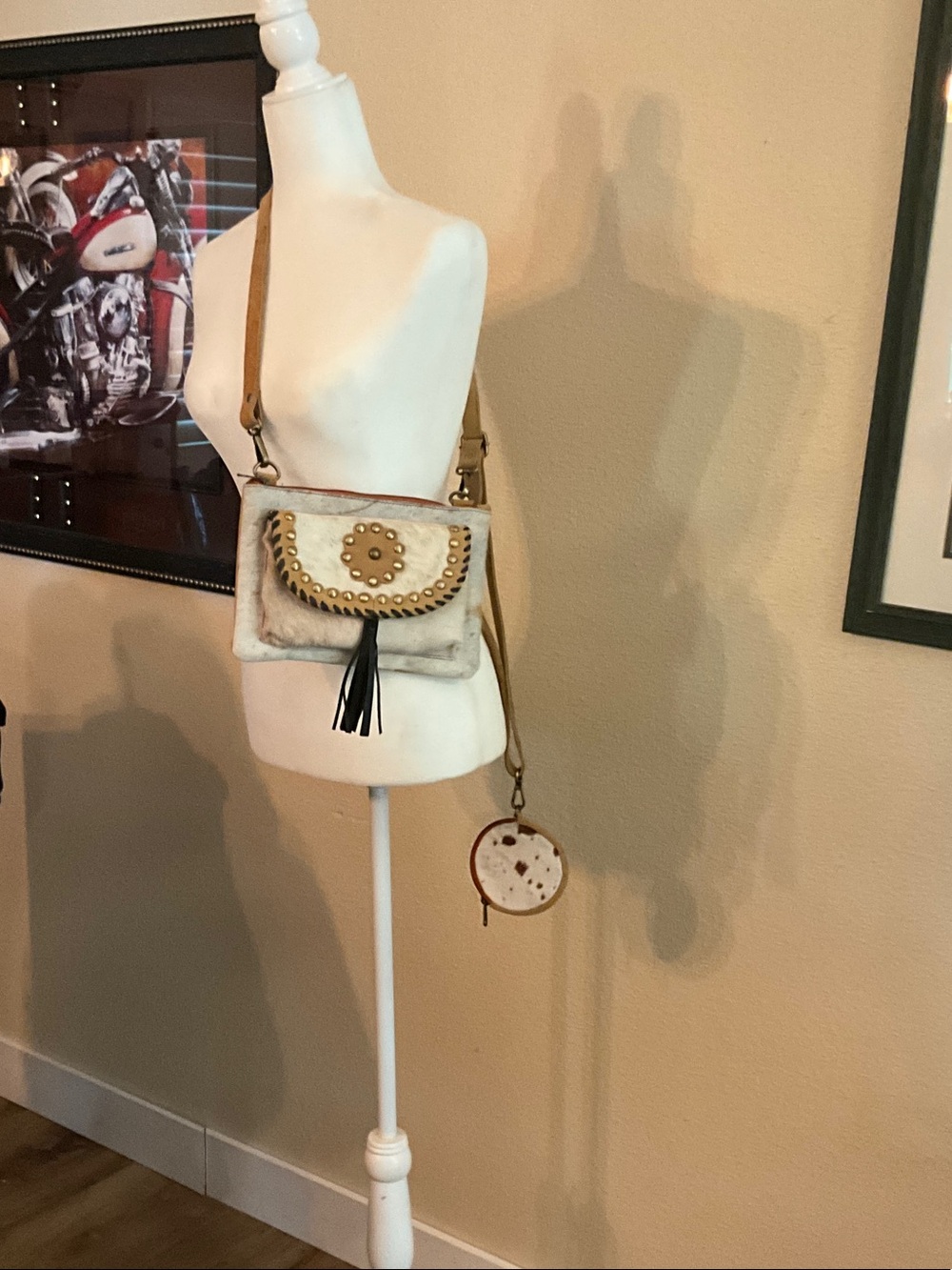 Hair on Hide Leather Cream Crossbody Bag  and matching coin purse